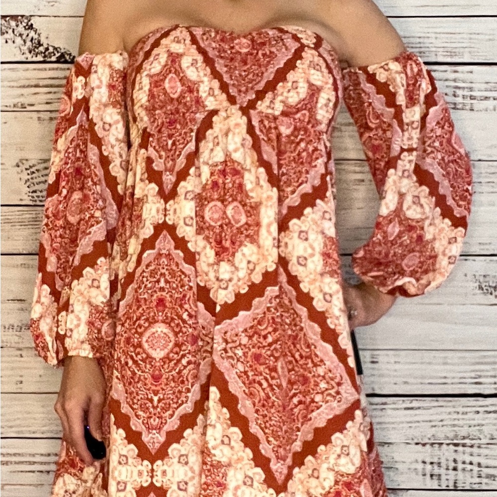 Lulus Carefree Babe Rusty RoseBoho Print Off Shoulder Mini Dress - Picture 8 of 8